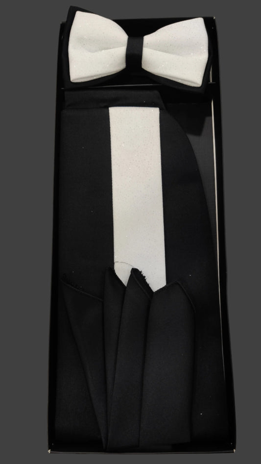 Men’s Imported Tuxedo Accessory Set – Bow Tie, Pocket Square & Cummerbund (Available in Blue Print, White, Royal Blue, and Black)