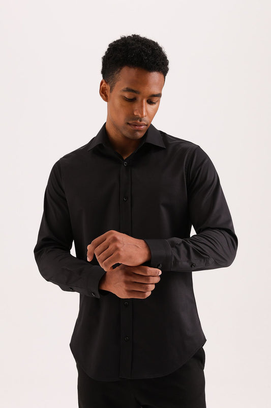 Jet Black Stretch Dress Shirt – Semi-Spread Collar (Imported)