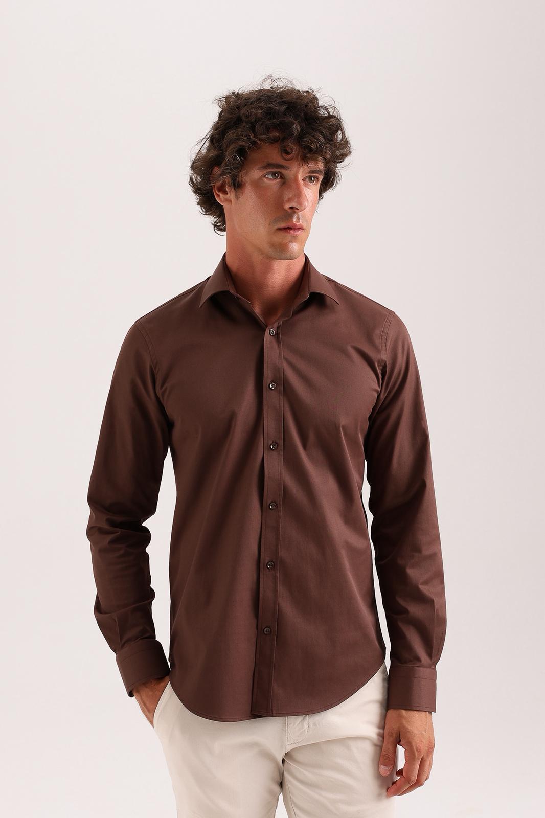 Chocolate Brown Stretch Dress Shirt – Semi-Spread Collar (Imported)