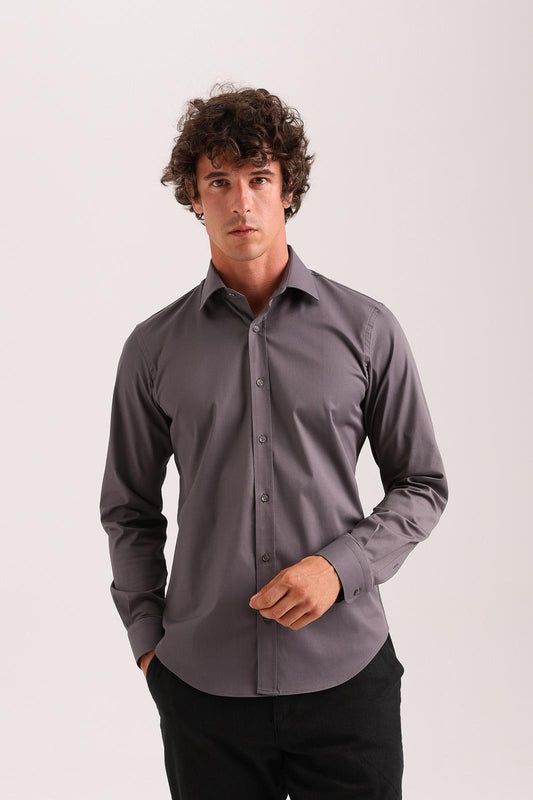 Charcoal Grey Stretch Dress Shirt – Semi-Spread Collar (Imported)