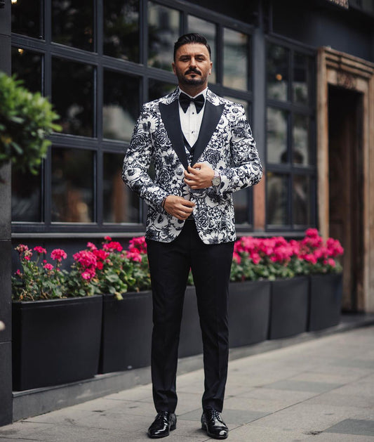 Monochrome Floral Party Tuxedo – Slim Fit 3 Piece Set