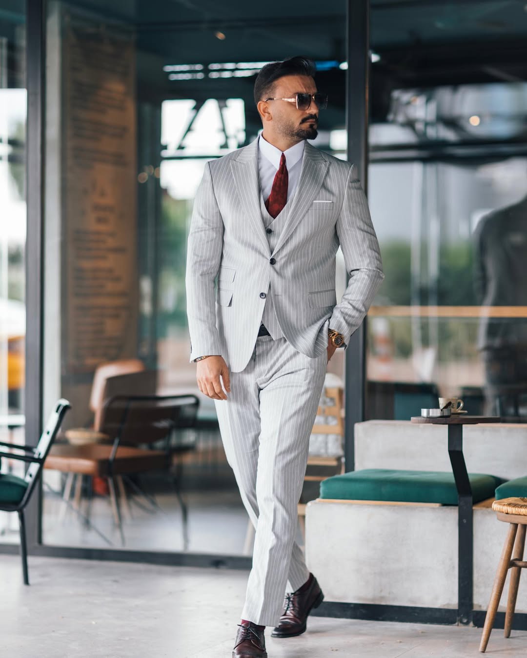 Light Grey Pinstripe Three-Piece Suit with Double-Breasted Waistcoat (Imported)