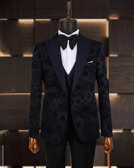 Midnight Blue Floral Jacquard Tuxedo – Slim Fit 3 Piece Set