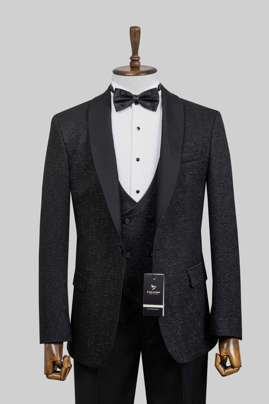 Midnight Regent – European Black Textured 3-Piece Tuxedo Suit