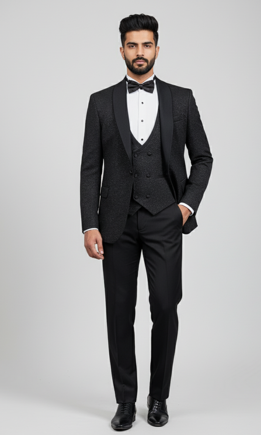 Midnight Regent – European Black Textured 3-Piece Tuxedo Suit