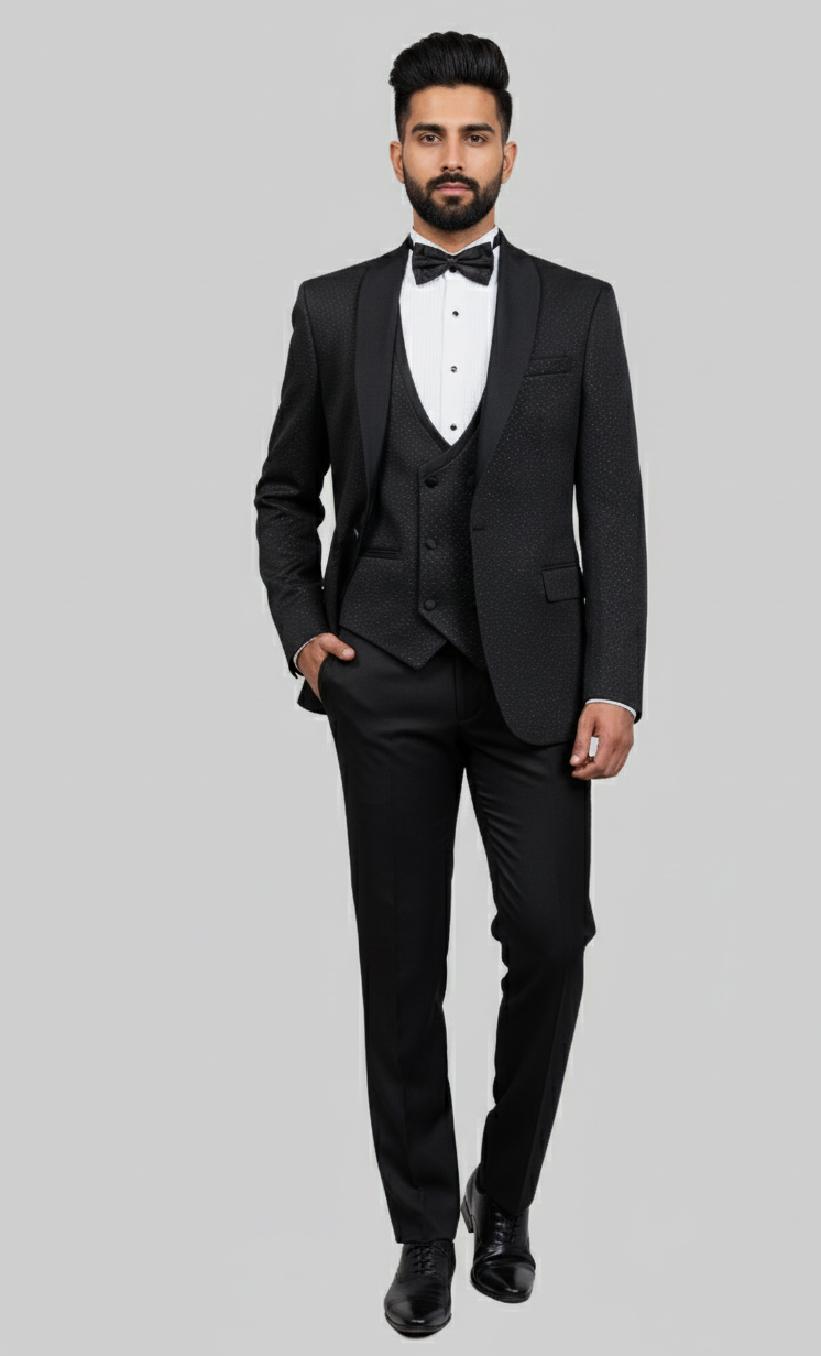 Onyx Regent – European Black Textured 3-Piece Tuxedo Suit