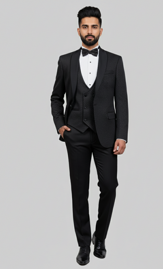Onyx Regent – European Black Textured 3-Piece Tuxedo Suit