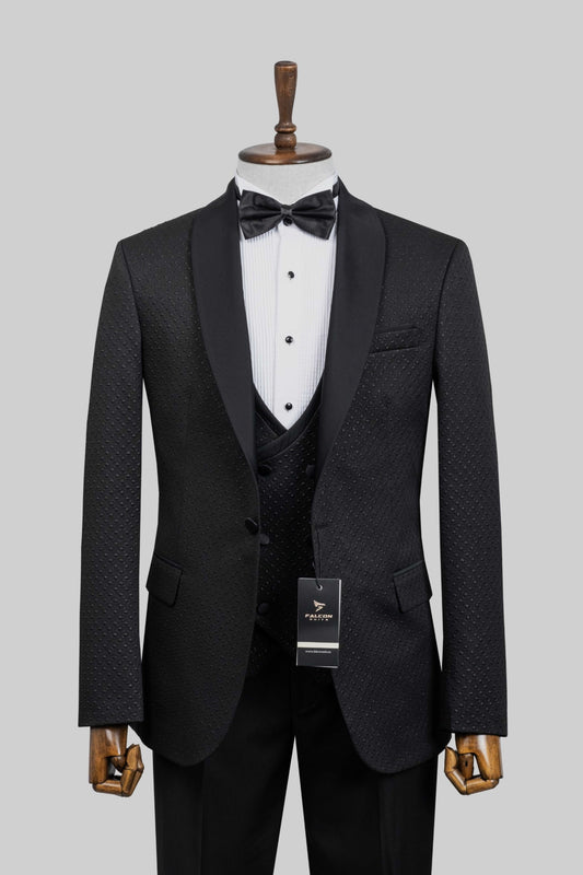 Onyx Regent – European Black Textured 3-Piece Tuxedo Suit