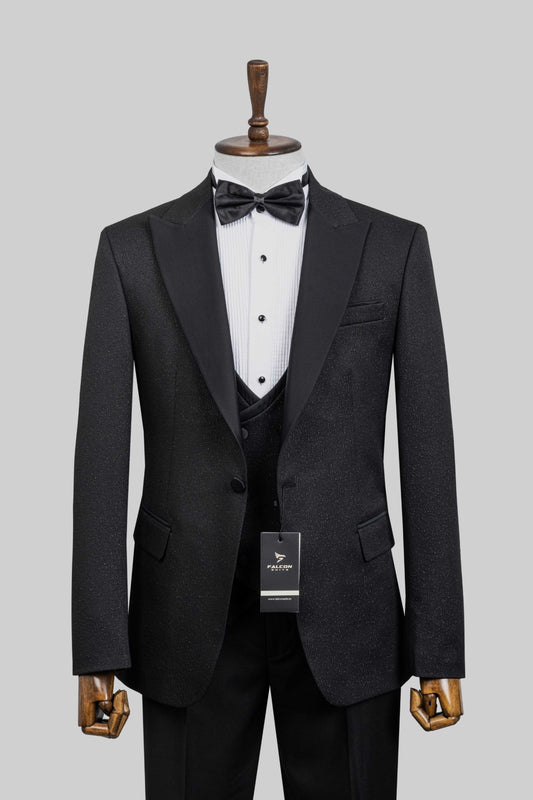 Ebony Luxe – European Black Shimmer 3-Piece Tuxedo Suit