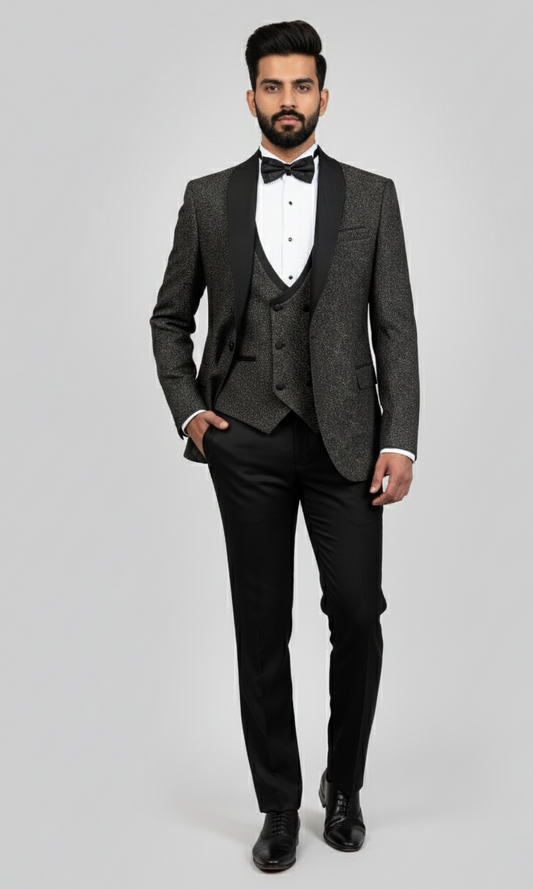 Charcoal Crest – European Black Patterned 3-Piece Tuxedo Suit