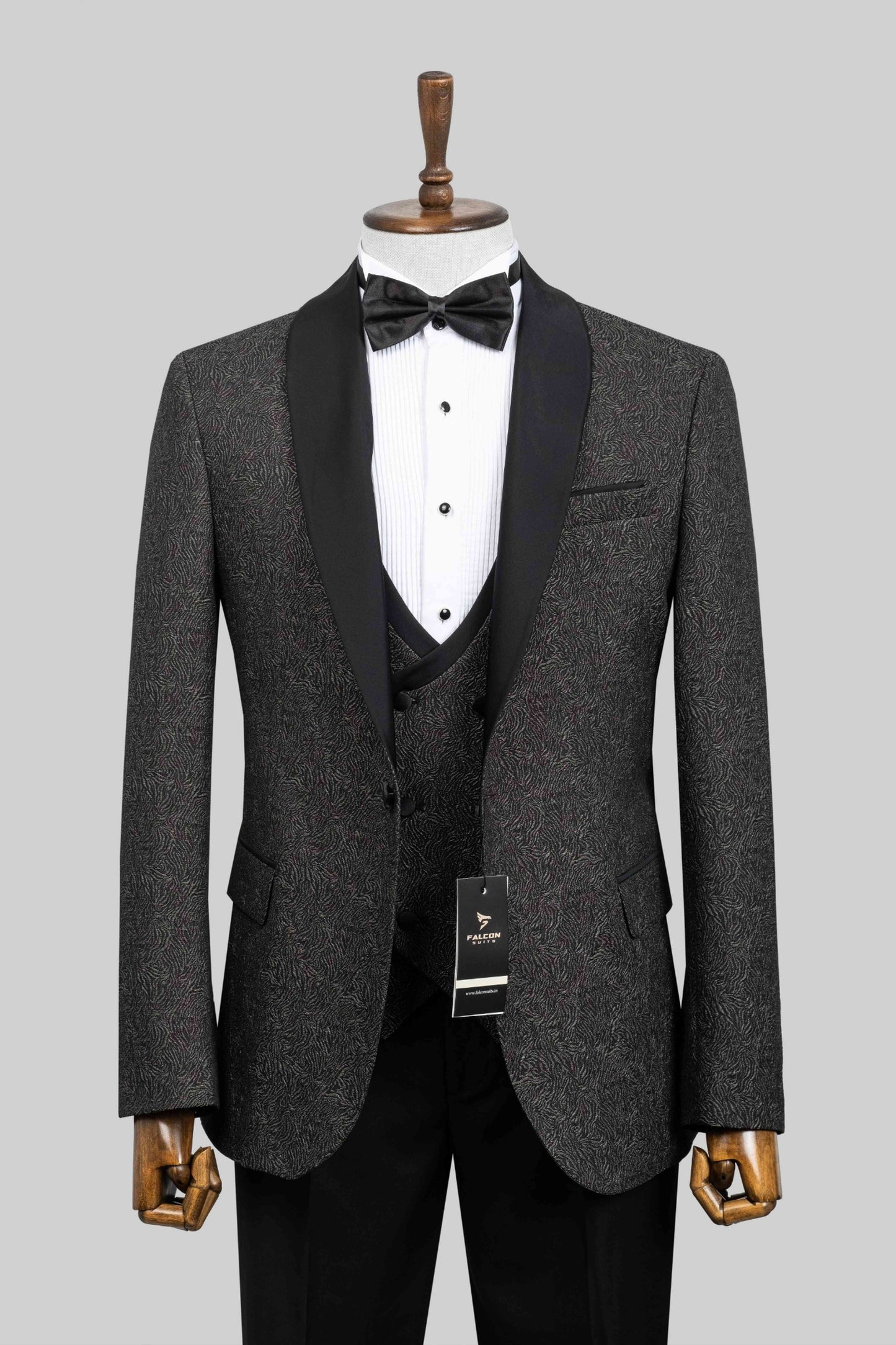 Charcoal Crest – European Black Patterned 3-Piece Tuxedo Suit