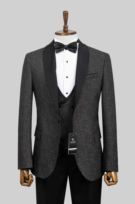 Charcoal Crest – European Black Patterned 3-Piece Tuxedo Suit