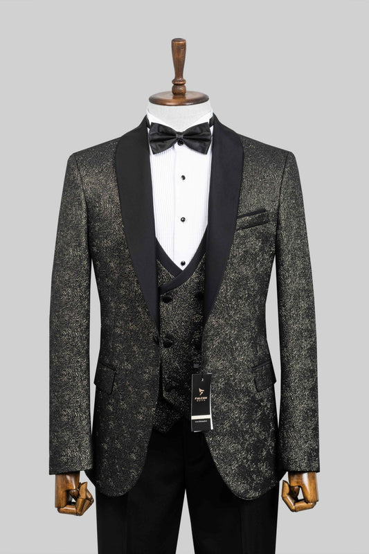 Midnight Aureate – European Black & Gold Textured 3-Piece Tuxedo Suit