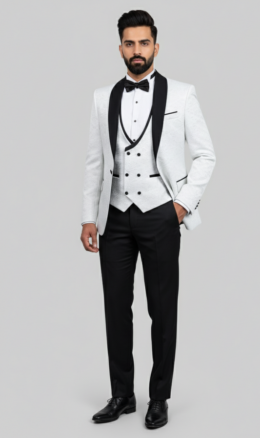 White Royale – European White Textured 3-Piece Tuxedo Suit