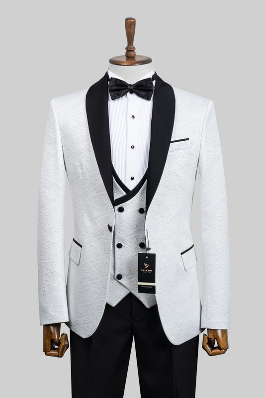 White Royale – European White Textured 3-Piece Tuxedo Suit