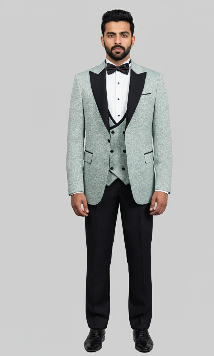 Mint Soirée – European Mint Green Textured 3-Piece Tuxedo Suit