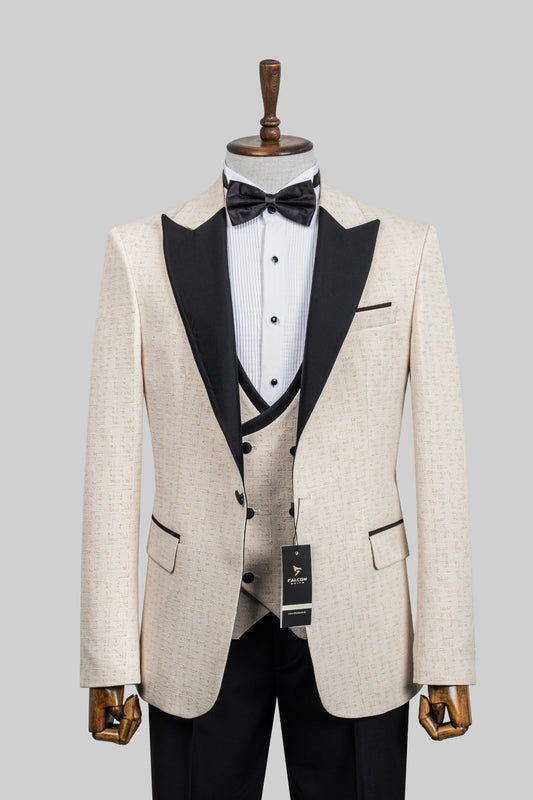 Champagne Soirée – European Beige Textured 3-Piece Tuxedo Suit