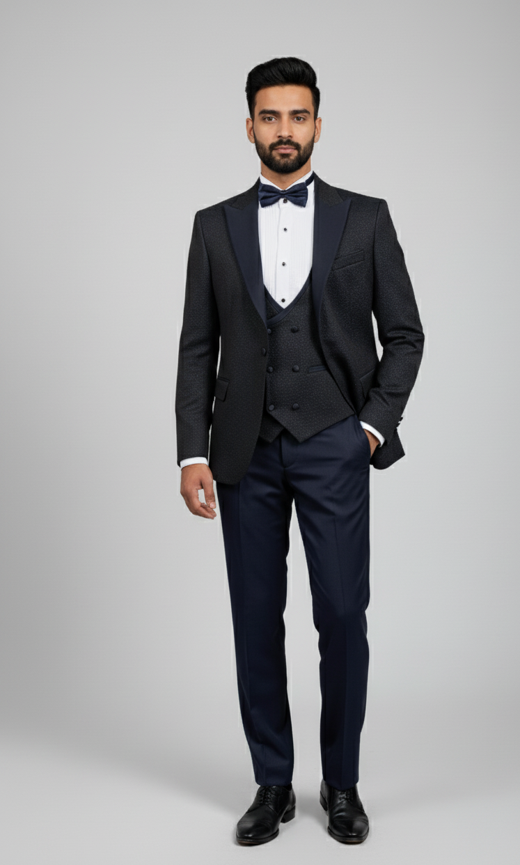 Starlit Soirée – European Navy Textured 3-Piece Tuxedo Suit