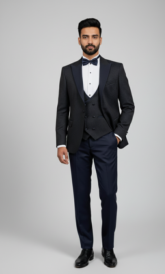 Starlit Soirée – European Navy Textured 3-Piece Tuxedo Suit