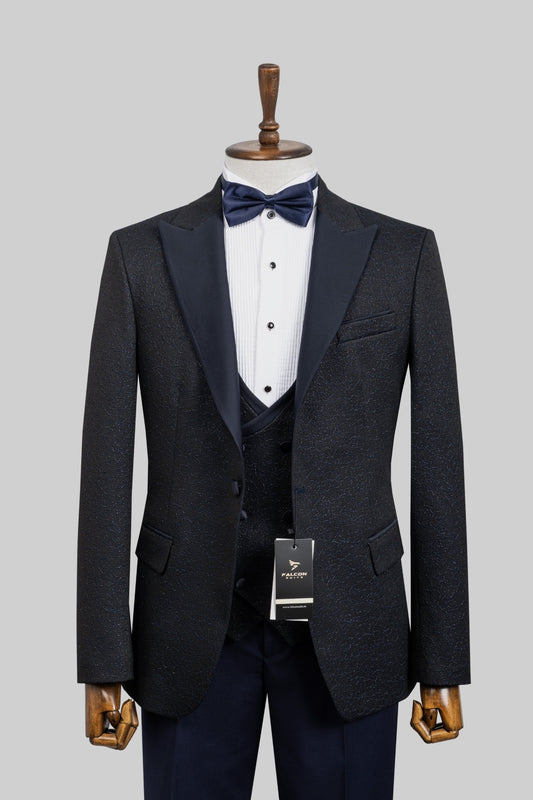 Starlit Soirée – European Navy Textured 3-Piece Tuxedo Suit