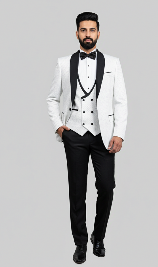 Ivory Monarch – European White Textured 3-Piece Tuxedo Suit