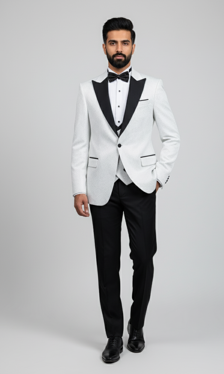 Ivory Crest – European White Patterned 3-Piece Tuxedo Suit