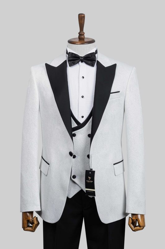 Ivory Crest – European White Patterned 3-Piece Tuxedo Suit
