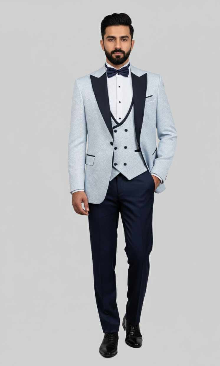Frosted Elegance – European Ice Blue Textured 3-Piece Tuxedo Suit