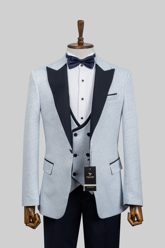 Frosted Elegance – European Ice Blue Textured 3-Piece Tuxedo Suit
