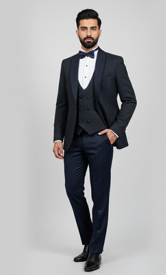 Midnight Marquis – European Navy Micro-Pattern 3-Piece Tuxedo Suit