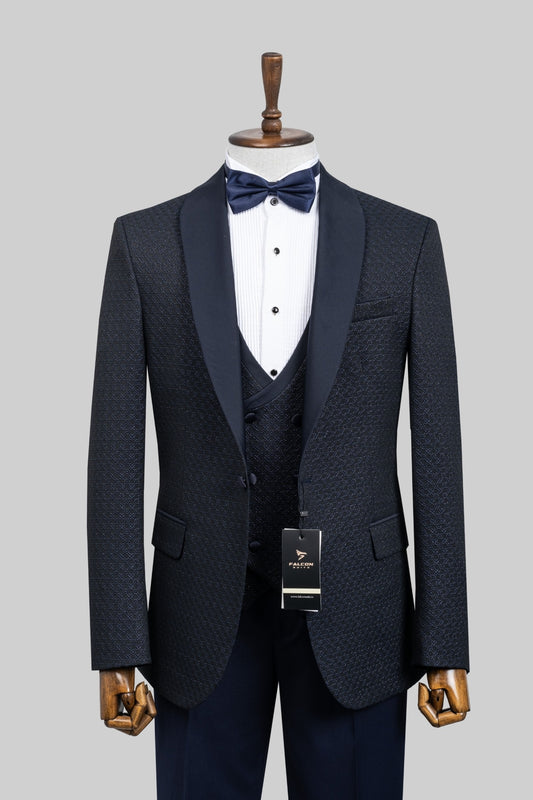 Midnight Marquis – European Navy Micro-Pattern 3-Piece Tuxedo Suit
