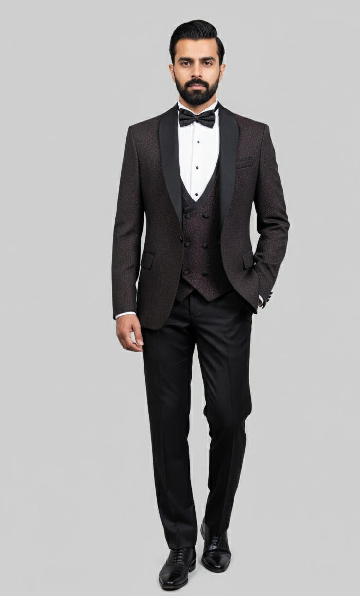 Crimson Dusk – European Deep Maroon Textured 3-Piece Tuxedo Suit
