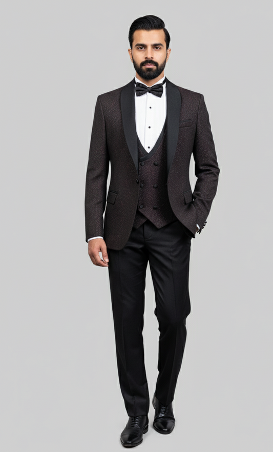 Crimson Dusk – European Deep Maroon Textured 3-Piece Tuxedo Suit