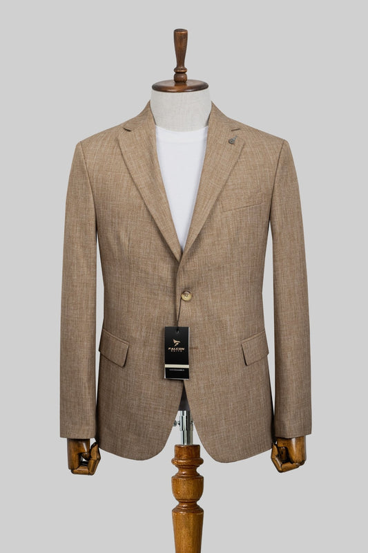 Camel Charm – European Linen Beige Textured Blazer