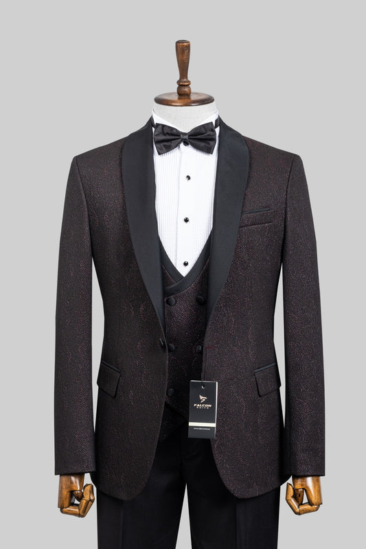 Crimson Dusk – European Deep Maroon Textured 3-Piece Tuxedo Suit