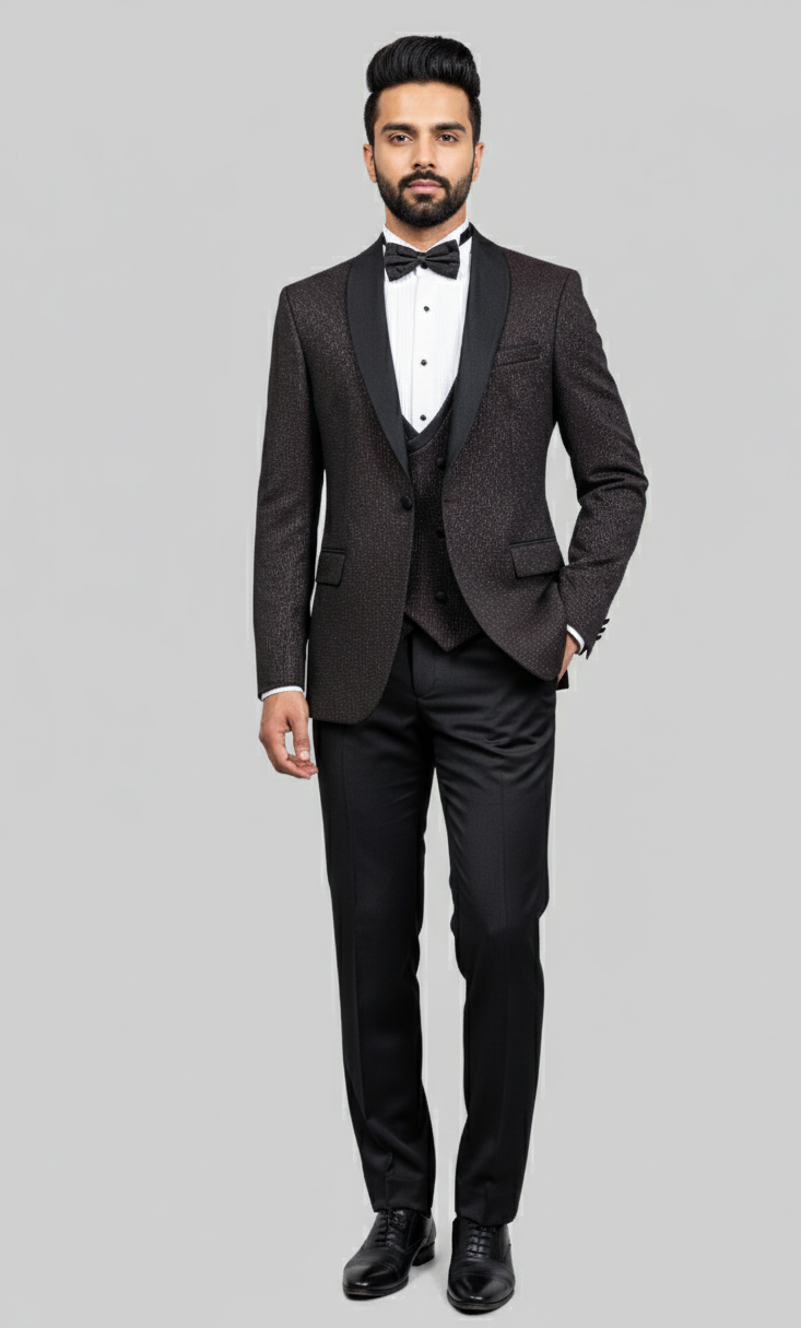 Obsidian Twilight – European Black & Maroon Textured 3-Piece Tuxedo Suit
