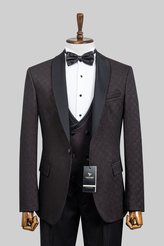 Obsidian Twilight – European Black & Maroon Textured 3-Piece Tuxedo Suit