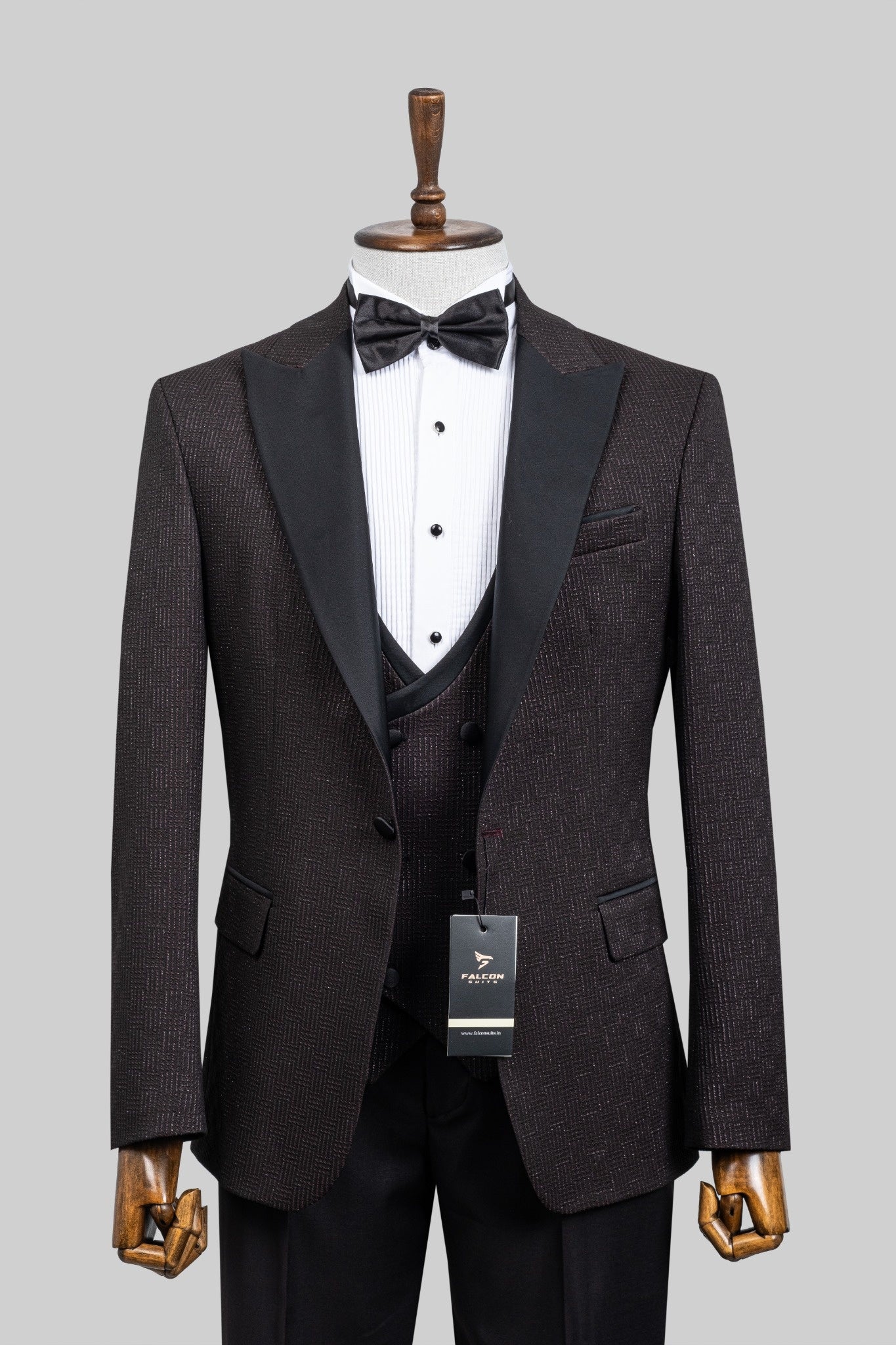 Midnight Grid – European Black & Maroon Patterned 3-Piece Tuxedo Suit