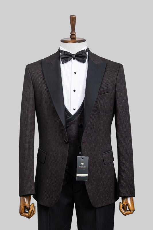 Midnight Grid – European Black & Maroon Patterned 3-Piece Tuxedo Suit