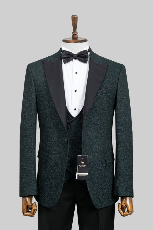 Emerald Noire – European Dark Green Textured 3-Piece Tuxedo Suit
