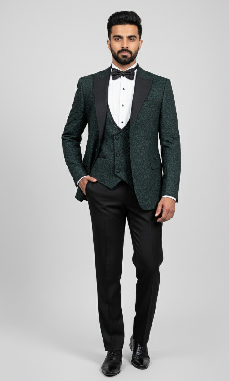 Emerald Noire – European Dark Green Textured 3-Piece Tuxedo Suit