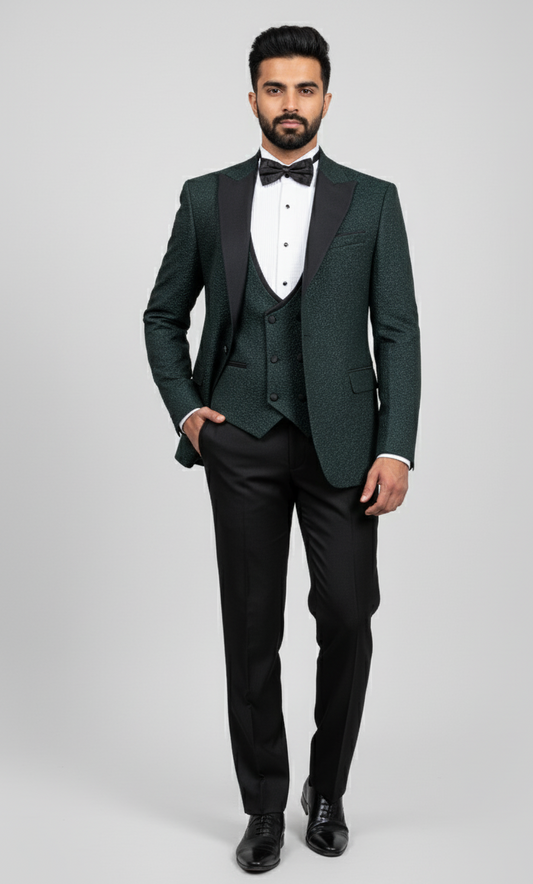 Emerald Noire – European Dark Green Textured 3-Piece Tuxedo Suit