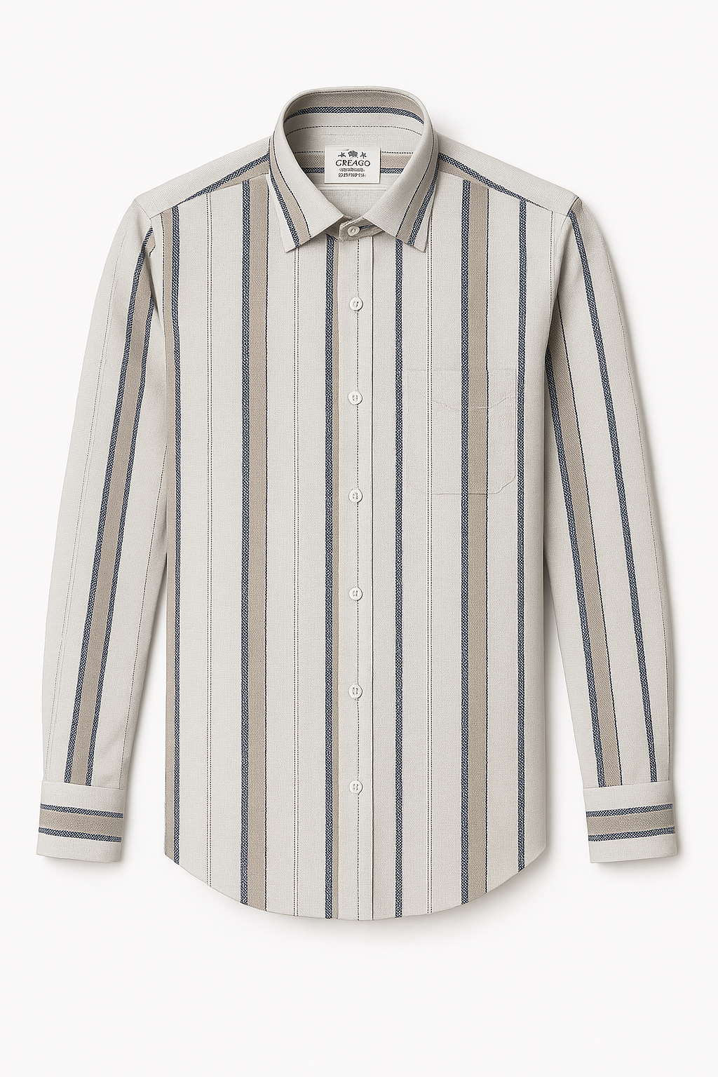 Men’s Beige, Grey &amp; White Vertical Striped Slim Fit Casual Shirt – Full Sleeves | Creago Collection
