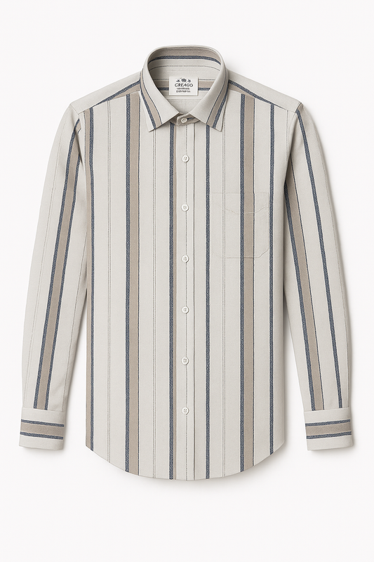 Men’s Beige, Grey &amp; White Vertical Striped Slim Fit Casual Shirt – Full Sleeves | Creago Collection