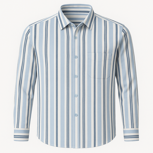 Men’s Sky Blue &amp; Off-White Vertical Striped Slim Fit Casual Shirt – Full Sleeves | Cool Summer Shirt for Men