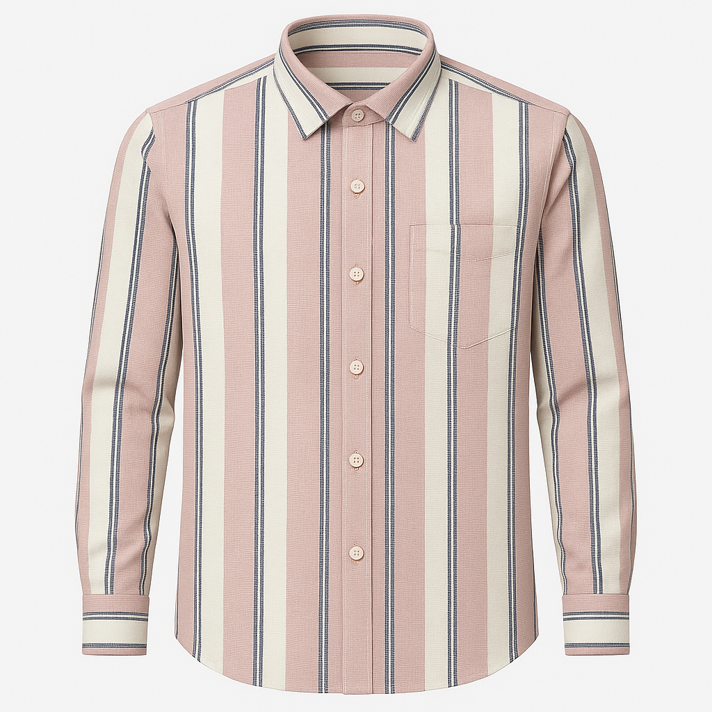 Men’s Blush Pink &amp; Cream Vertical Striped Slim Fit Casual Shirt – Full Sleeves | Modern Retro Style