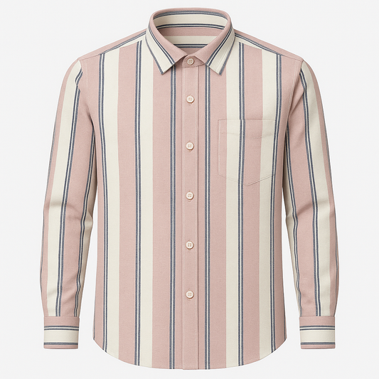 Men’s Blush Pink &amp; Cream Vertical Striped Slim Fit Casual Shirt – Full Sleeves | Modern Retro Style