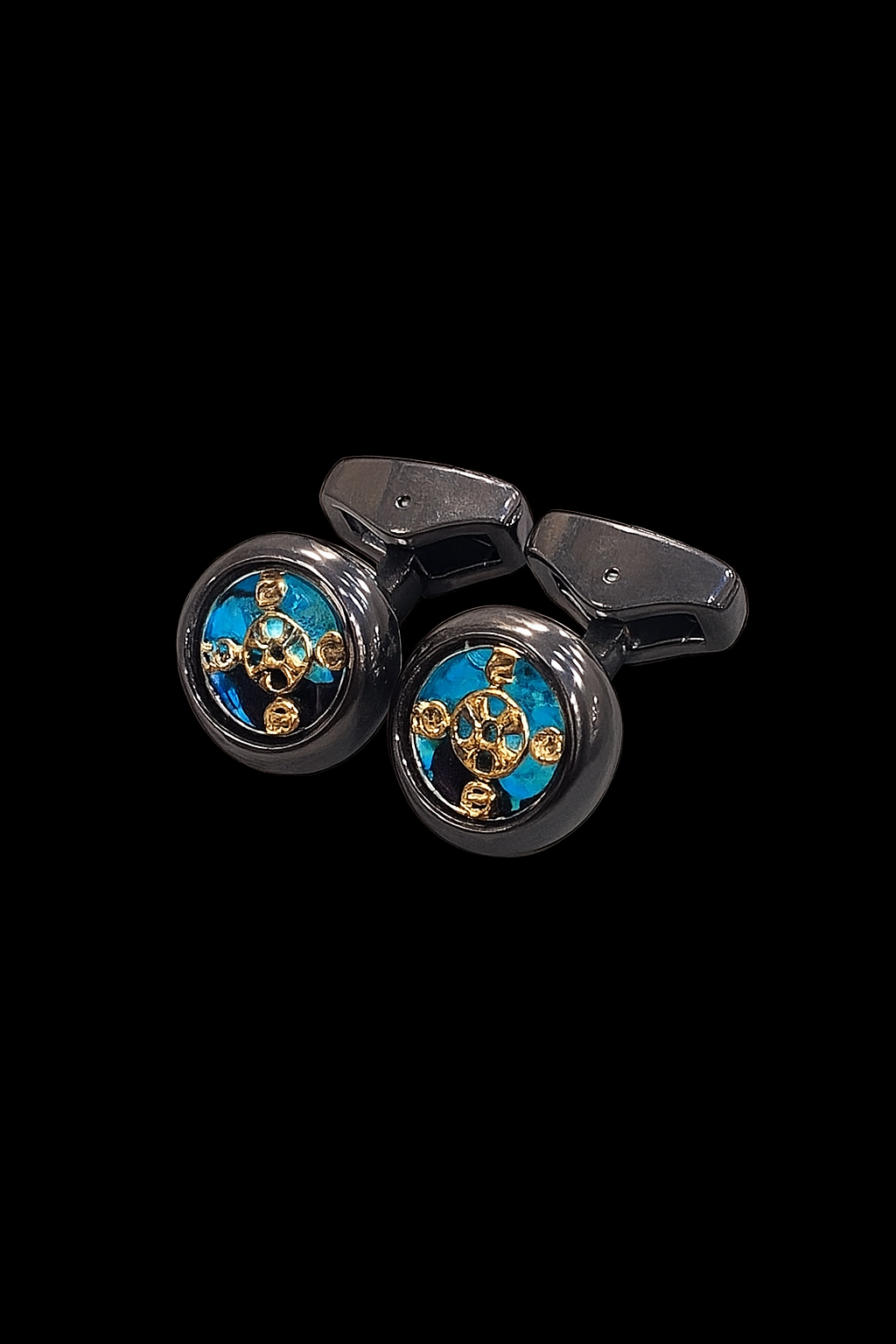 Men’s Luxurious Imported Round Cufflinks – White, Gold &amp; Blue Finish