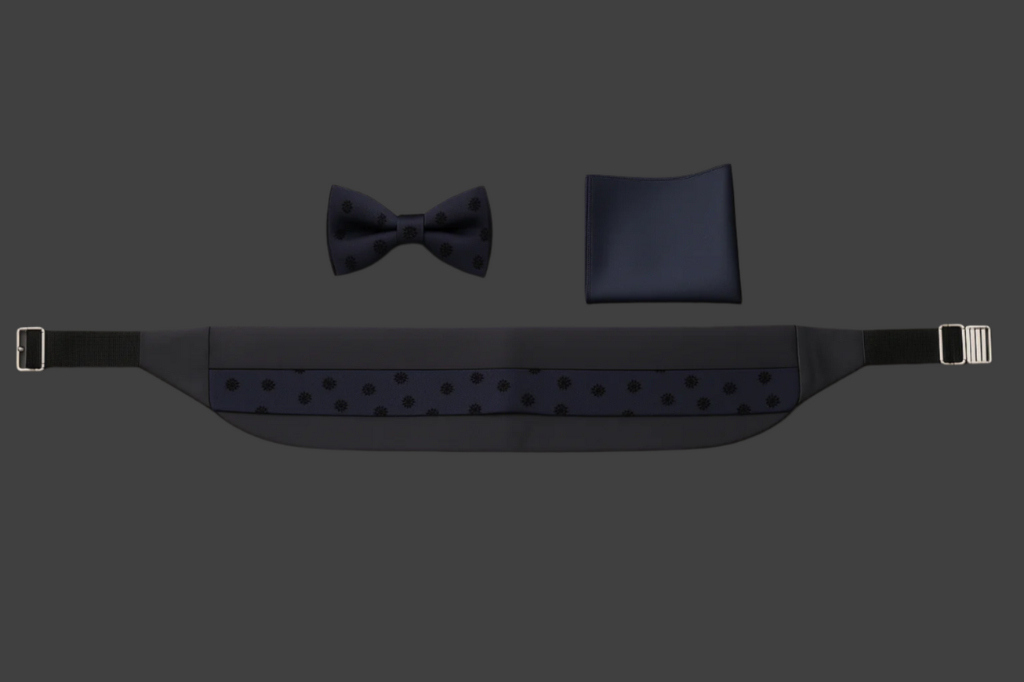 Men’s Imported Tuxedo Accessory Set – Bow Tie, Pocket Square & Cummerbund (Available in Blue Print, White, Royal Blue, and Black)