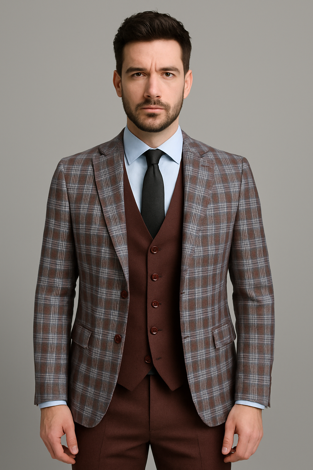 Brown Checkered Three-Piece Suit (Imported)